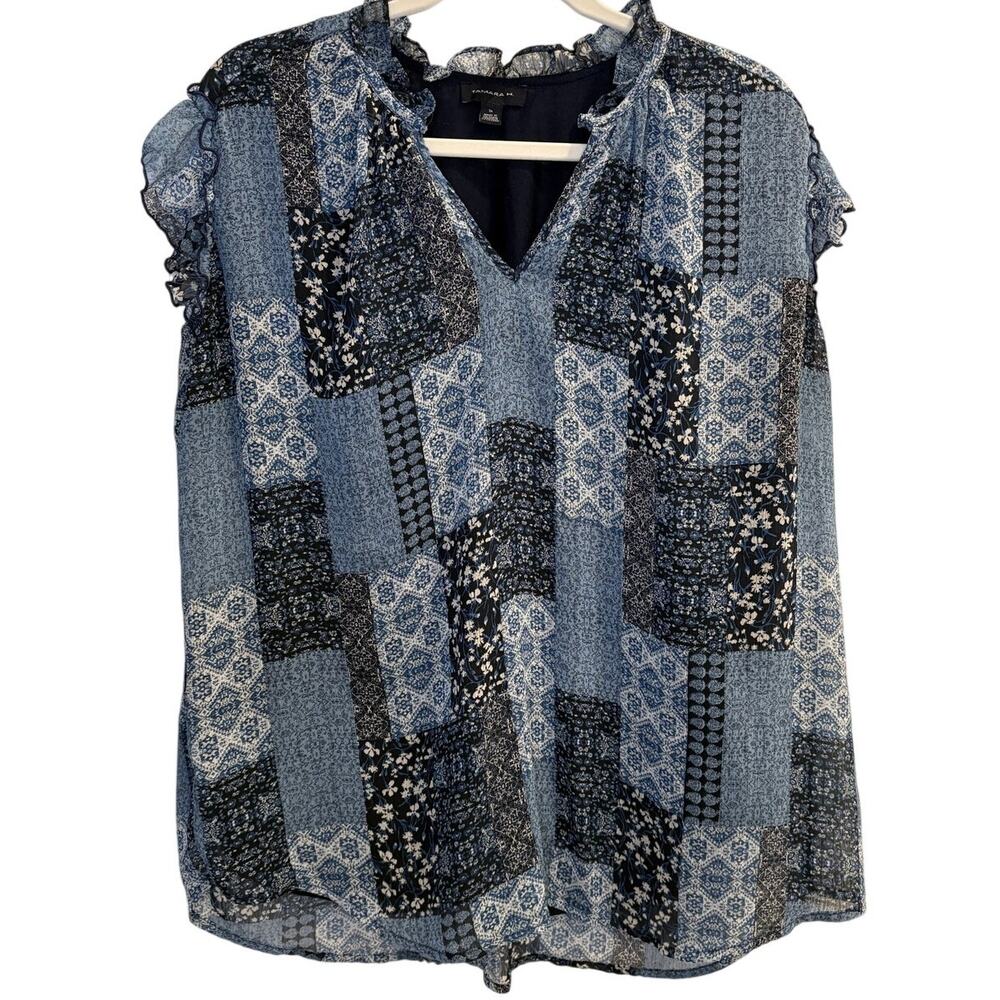 Tamara H. Blue Patchwork Floral Paisley Ruffle Cap Sleeve Blouse Plus Size 1X